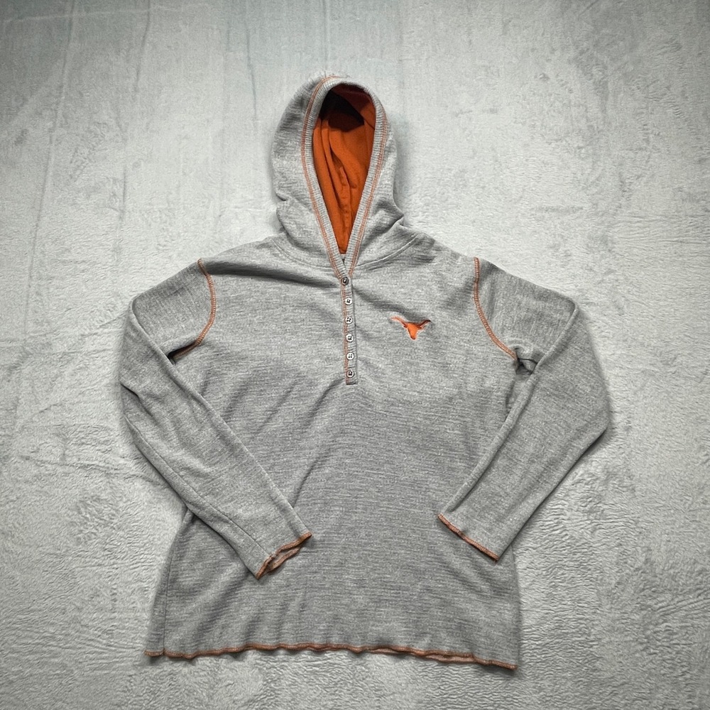 NCAA Texas Longhorns Hoodie Womens Medium Grey Orange Henley Waffle Knit Logo